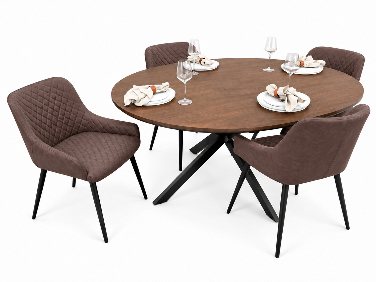 New York dark oak round extending dining table with 4 Diamond brown PU chairs