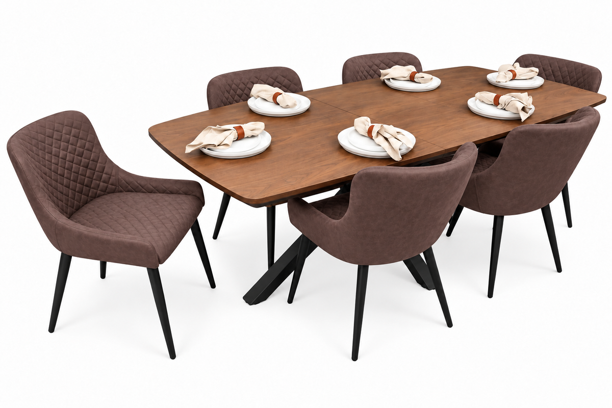 New York walnut extending dining table with 6 Diamond brown PU chairs