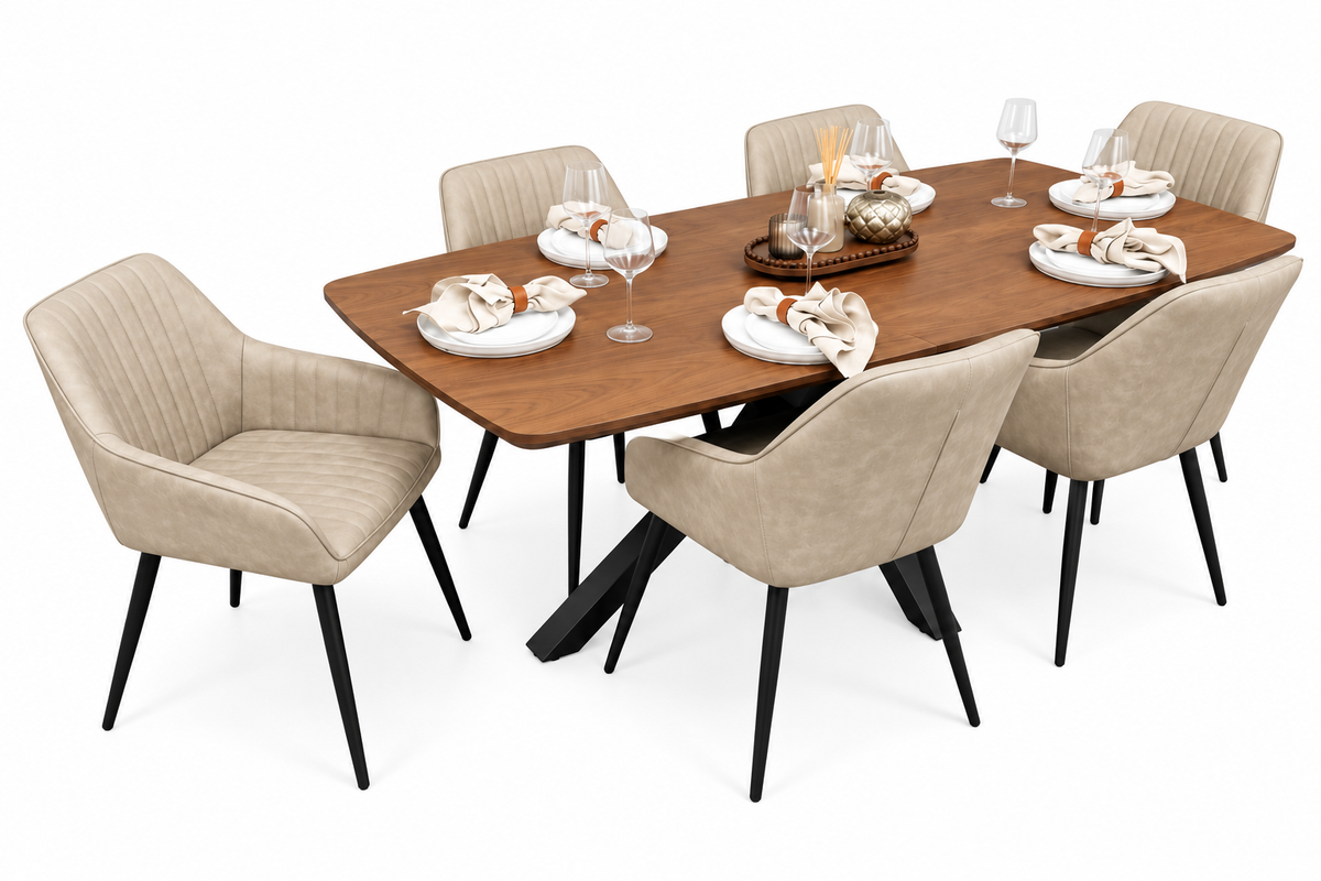 New York walnut extending dining table with 6 EZ taupe PU chairs