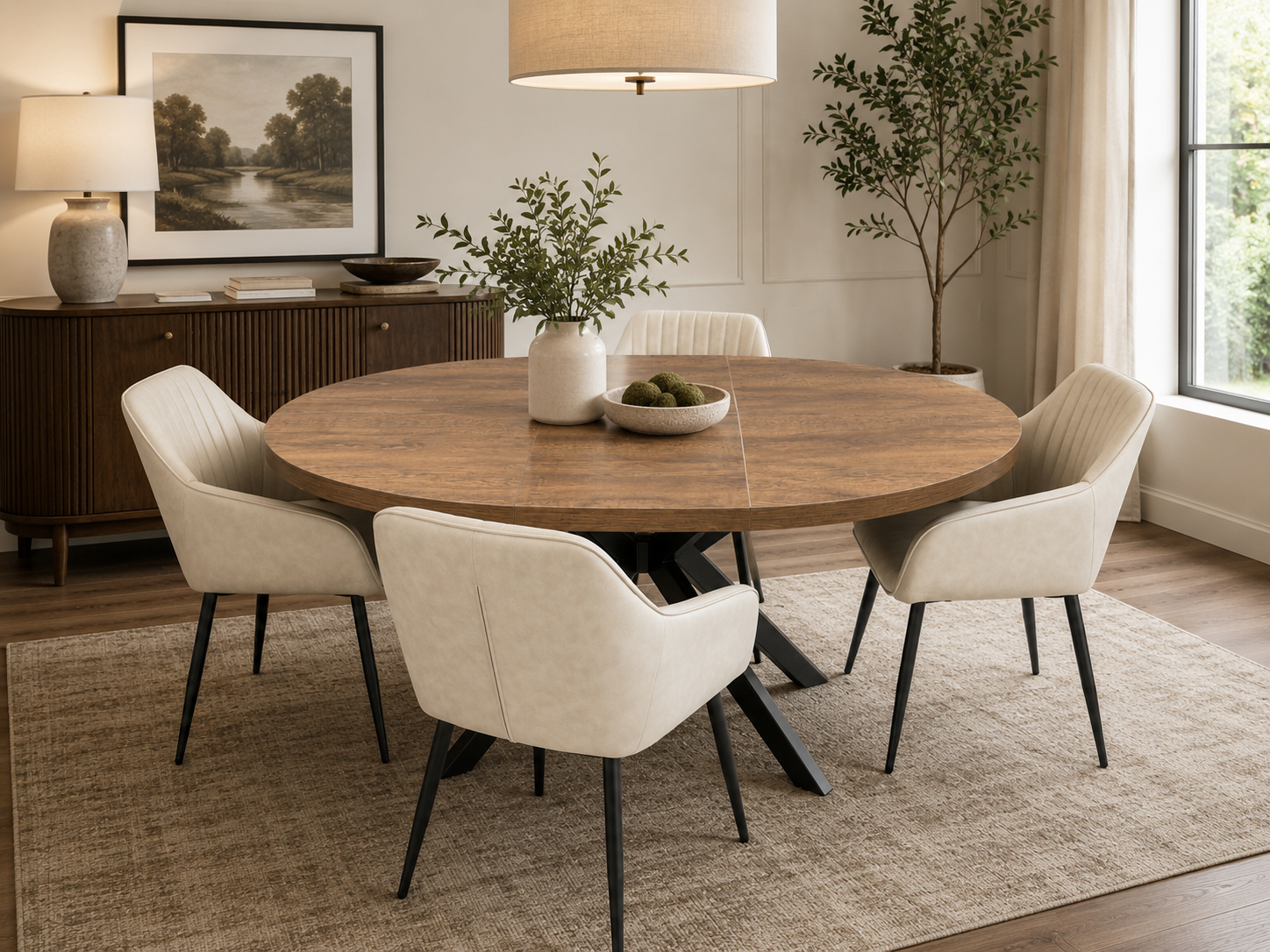 Pan 1.2m Ext 1.6m + 4 EZ Taupe Chairs