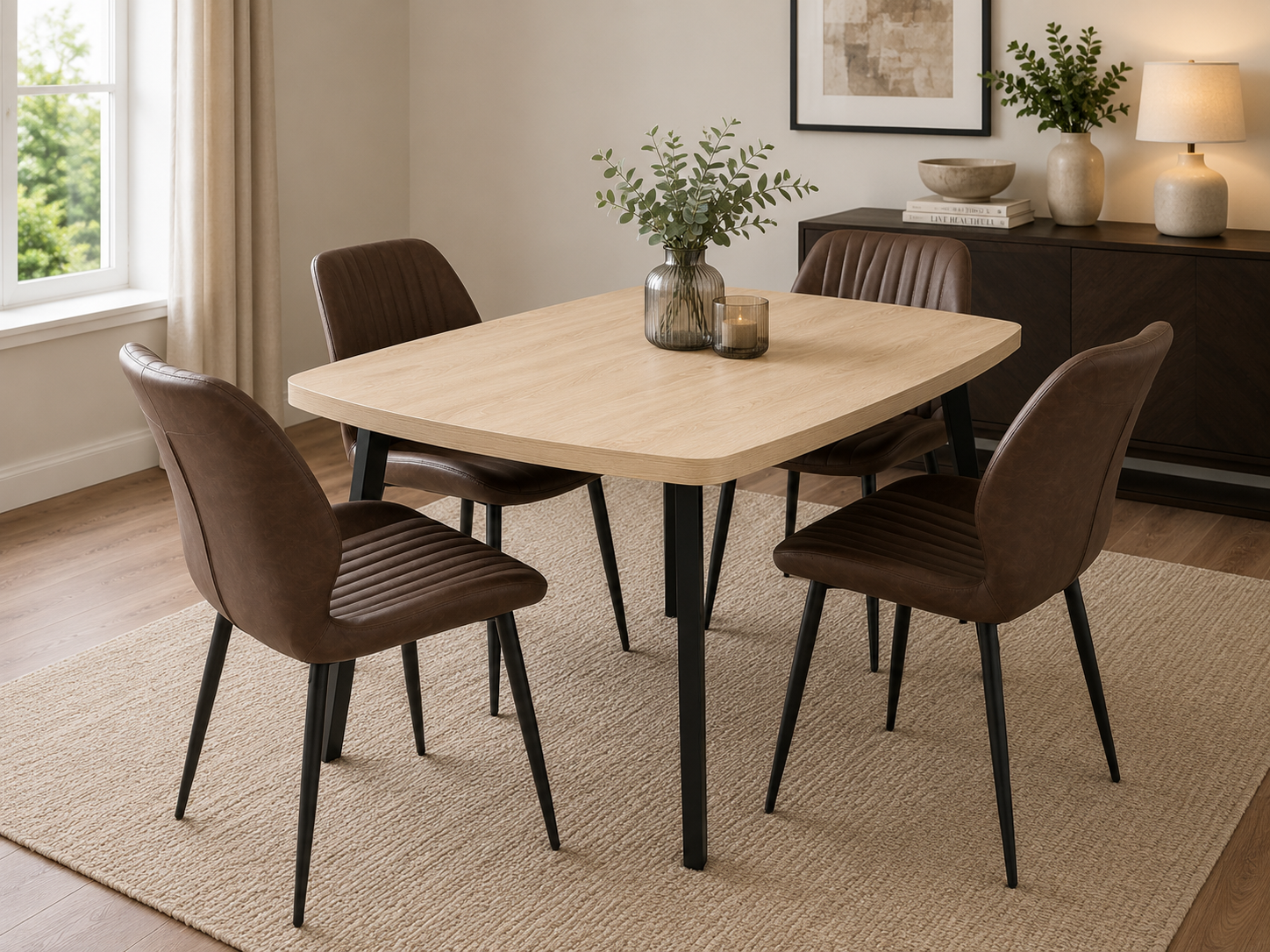 Dalton 1.2m + 4 Lyra Brown PU Chairs