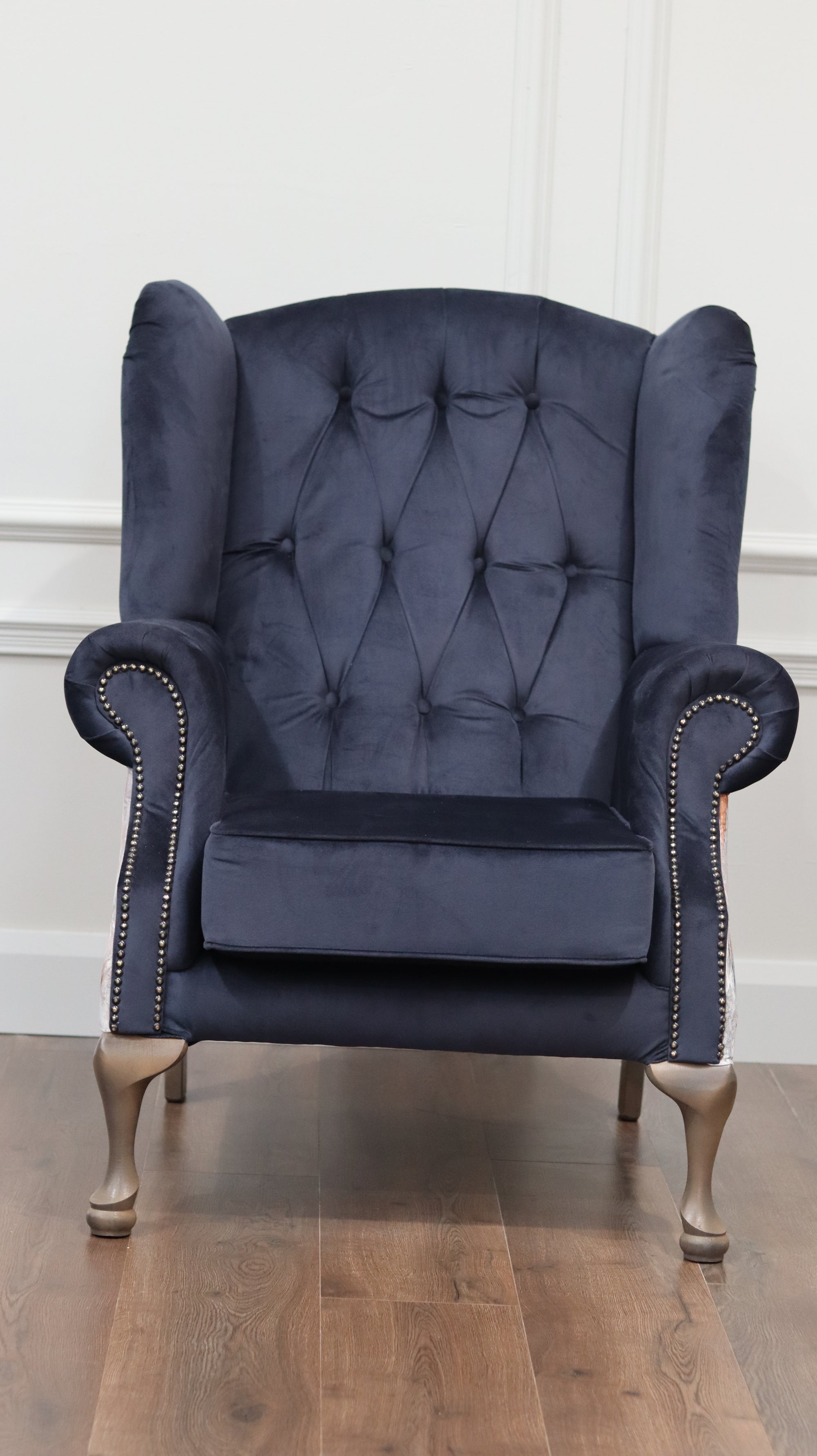 Made To Order Queen Anne Chair - Navy Velvet/Floral Design