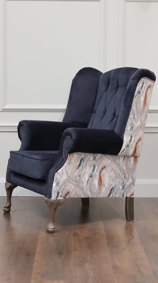 Made To Order Queen Anne Chair - Navy Velvet/Floral Design