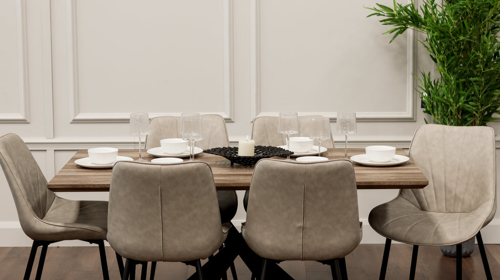 Epsom Rustic Oak 1.6m + 6 Tilly Chairs Taupe PU