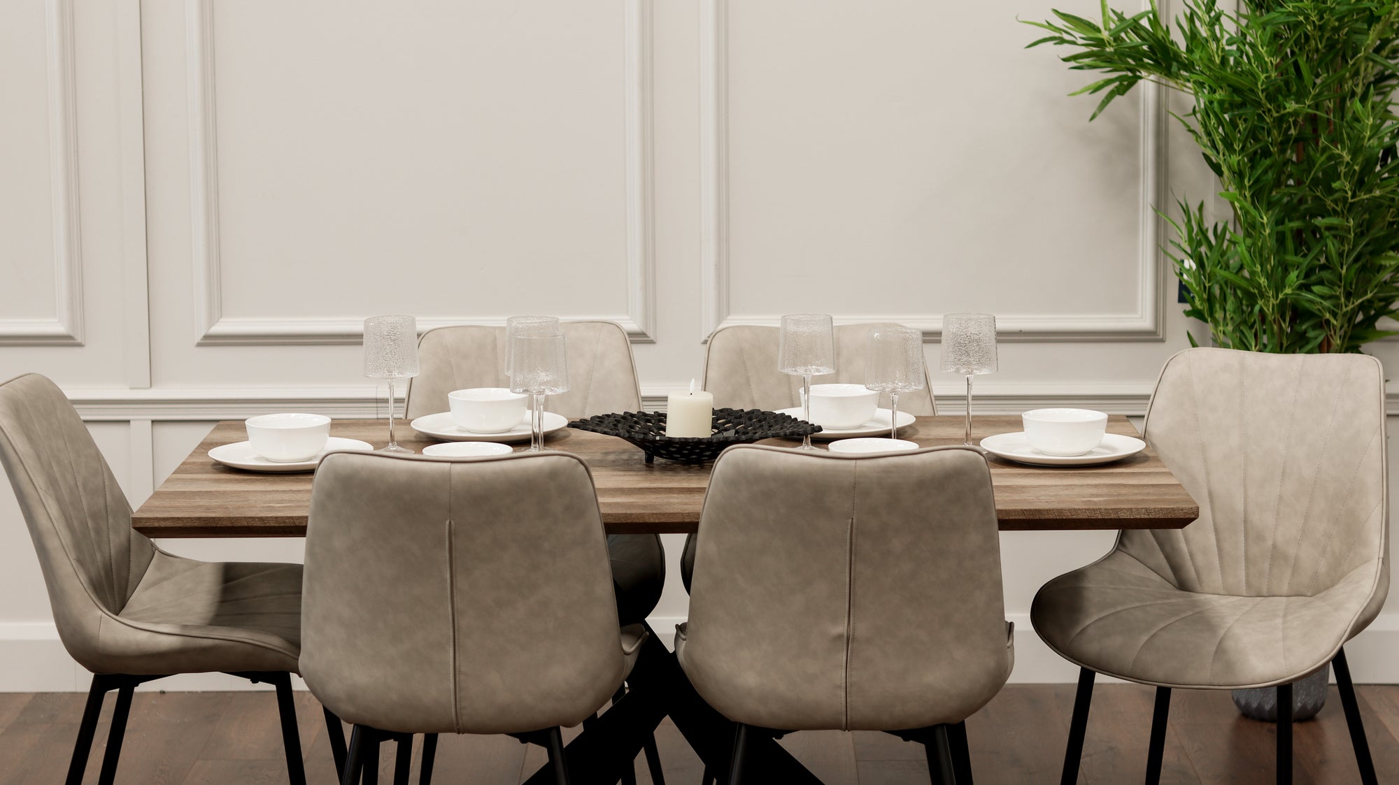 Epsom Rustic Oak 1.6m + 6 Tilly Chairs Taupe PU