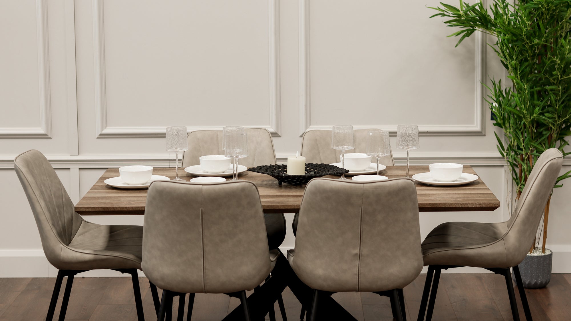 Epsom Rustic Oak 1.6m + 6 Tilly Chairs Taupe PU