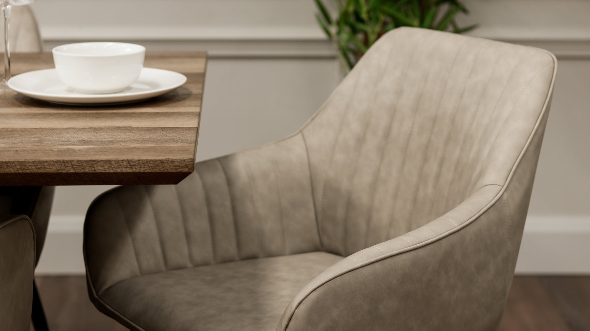 Epsom Rustic Oak 1.6m + 6 EZ Chairs Taupe PU