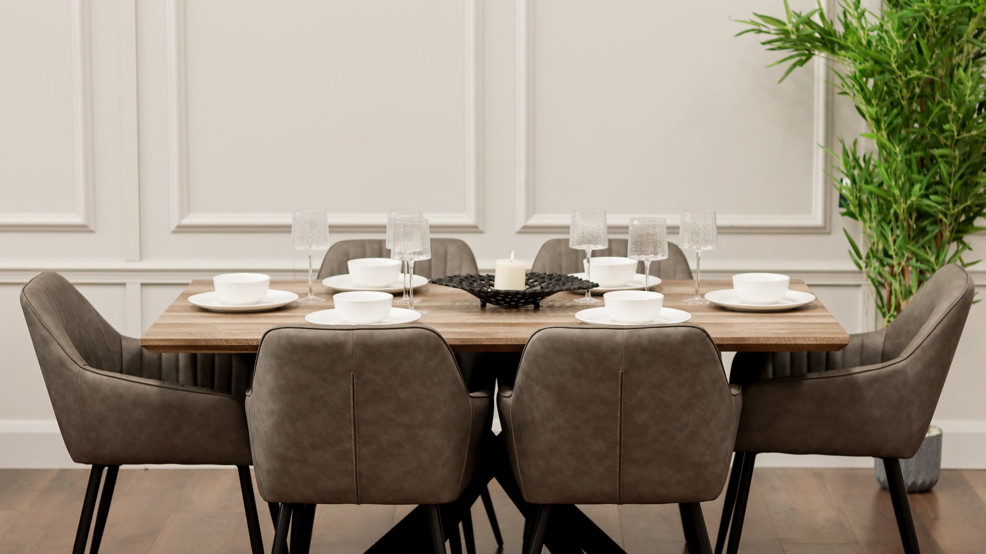 Epsom Rustic Oak 1.6m + 6 EZ Chairs Smoke Grey PU