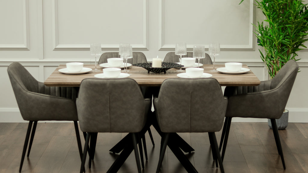 Epsom Rustic Oak 1.6m + 6 EZ Chairs Smoke Grey PU
