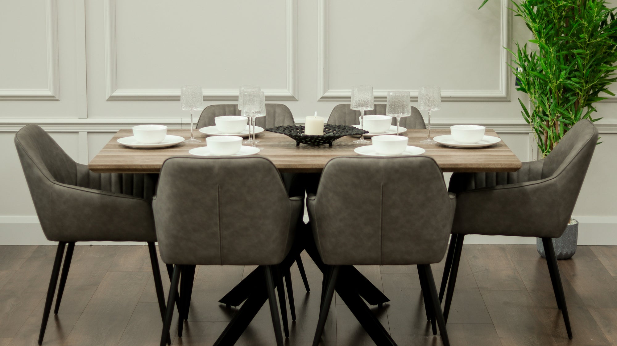 Epsom Rustic Oak 1.6m + 6 EZ Chairs Smoke Grey PU