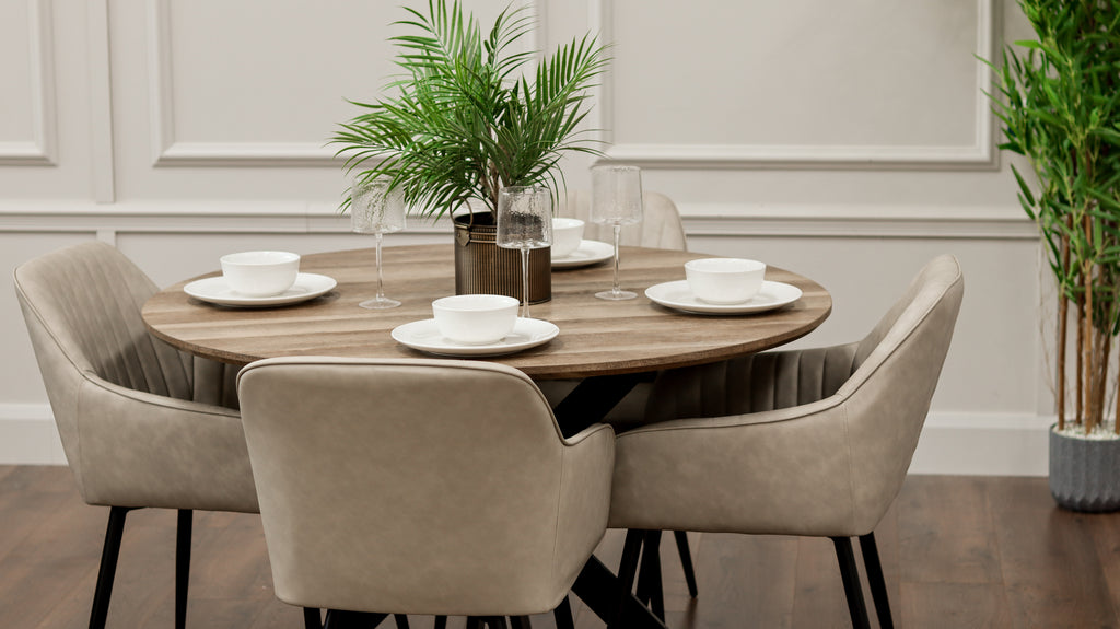 Epsom Rustic Oak 1.2m + 4 EZ Taupe PU Chairs