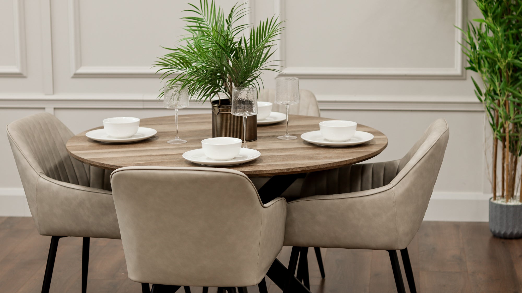 Epsom Rustic Oak 1.2m + 4 EZ Taupe PU Chairs