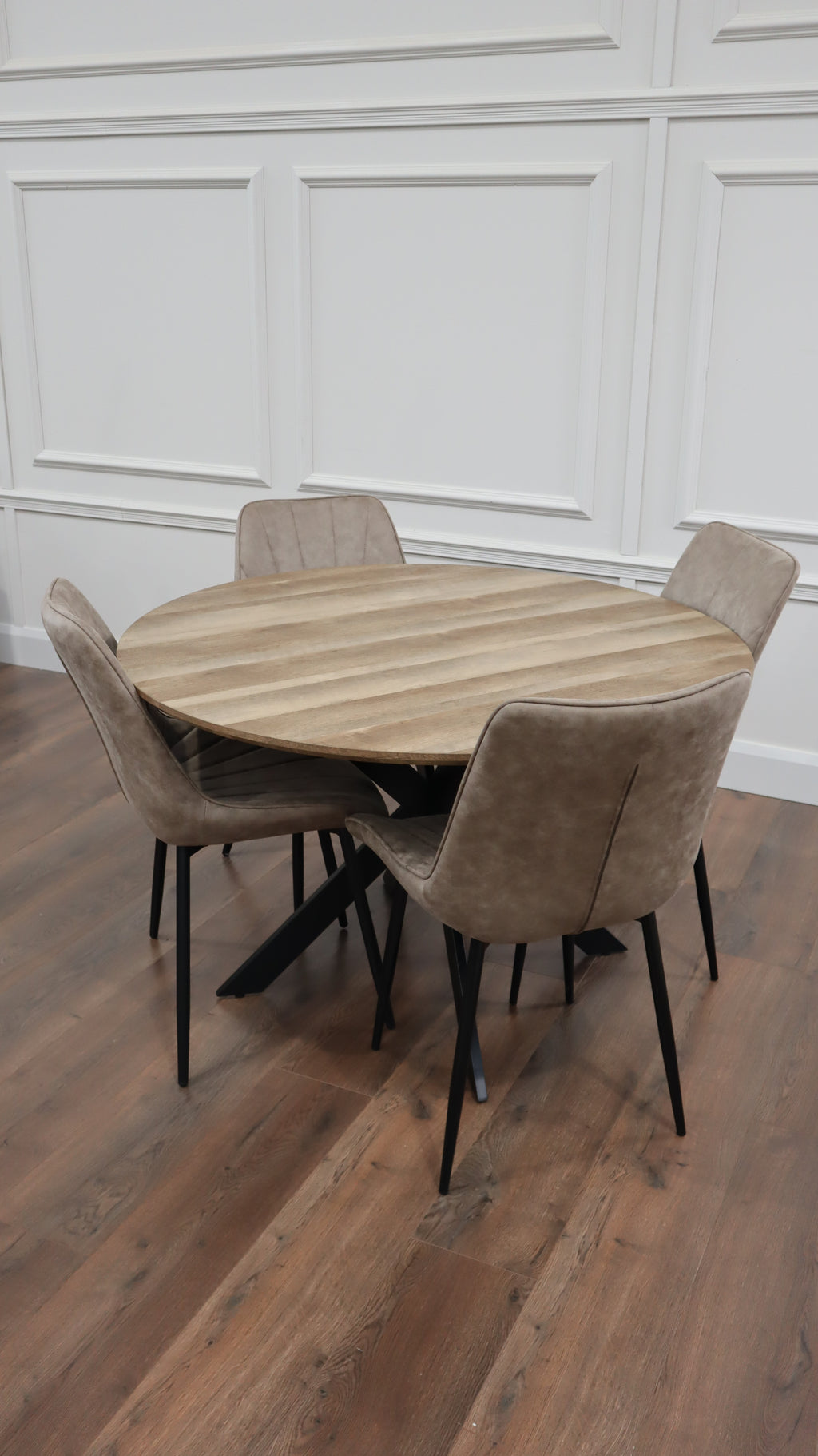 Epsom Rustic Oak 1.2m + 4 Tilly Dark Taupe Suede Chairs