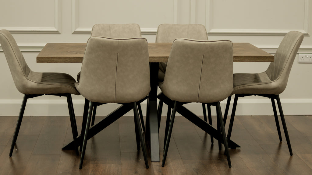 Hugo 1.6m Medium Oak Veneer+ 6 Tilly Taupe PU Chairs