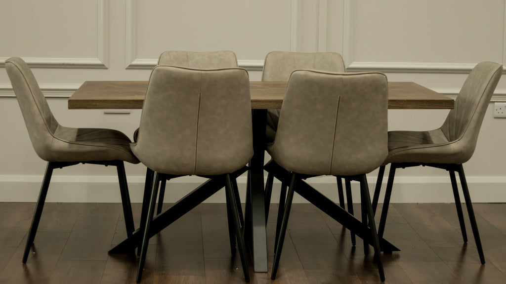 Hugo 1.6m Medium Oak Veneer+ 6 Tilly Taupe PU Chairs