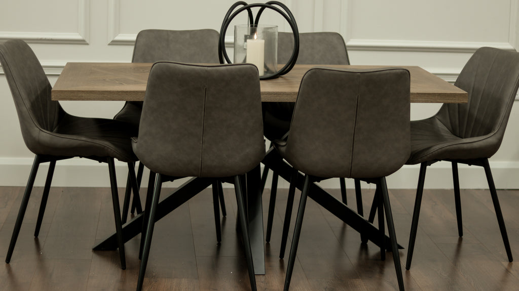 Hugo 1.6m Medium Oak Veneer+ 6 Tilly Grey PU Chairs