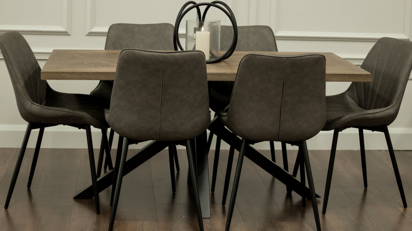 Hugo 1.6m Medium Oak Veneer+ 6 Tilly Grey PU Chairs