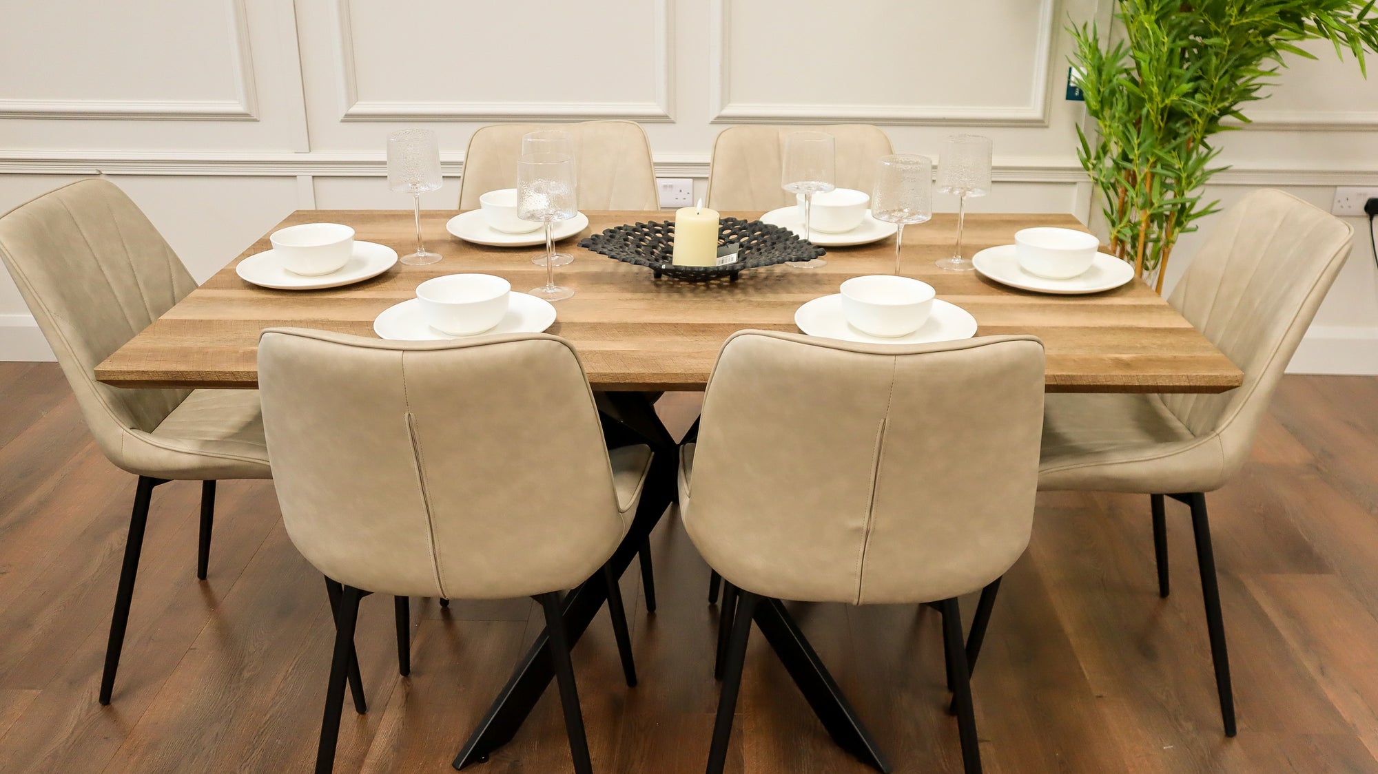 Epsom Rustic Oak 1.6m + 6 Tilly Chairs Taupe PU