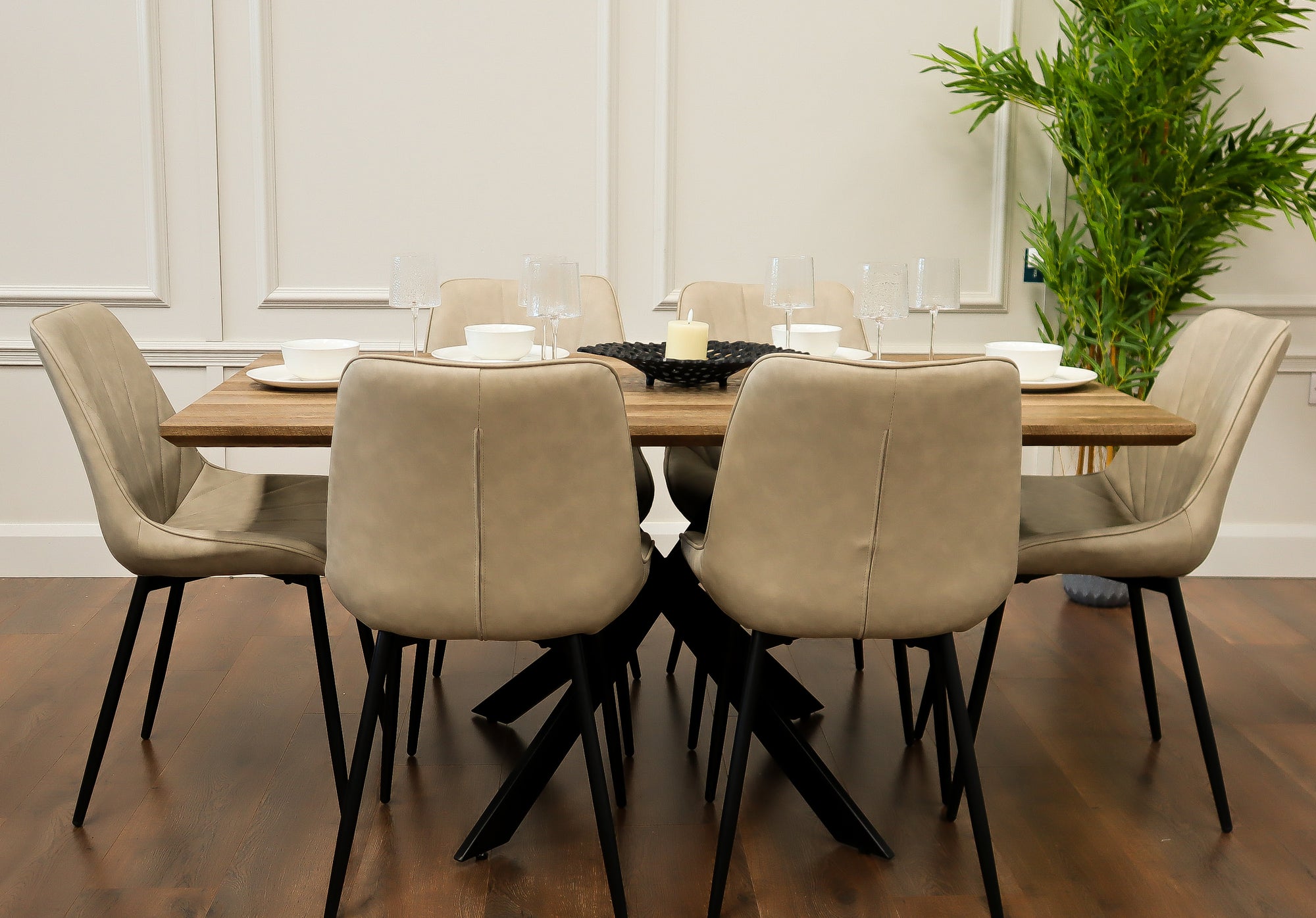 Epsom Rustic Oak 1.6m + 6 Tilly Chairs Taupe PU