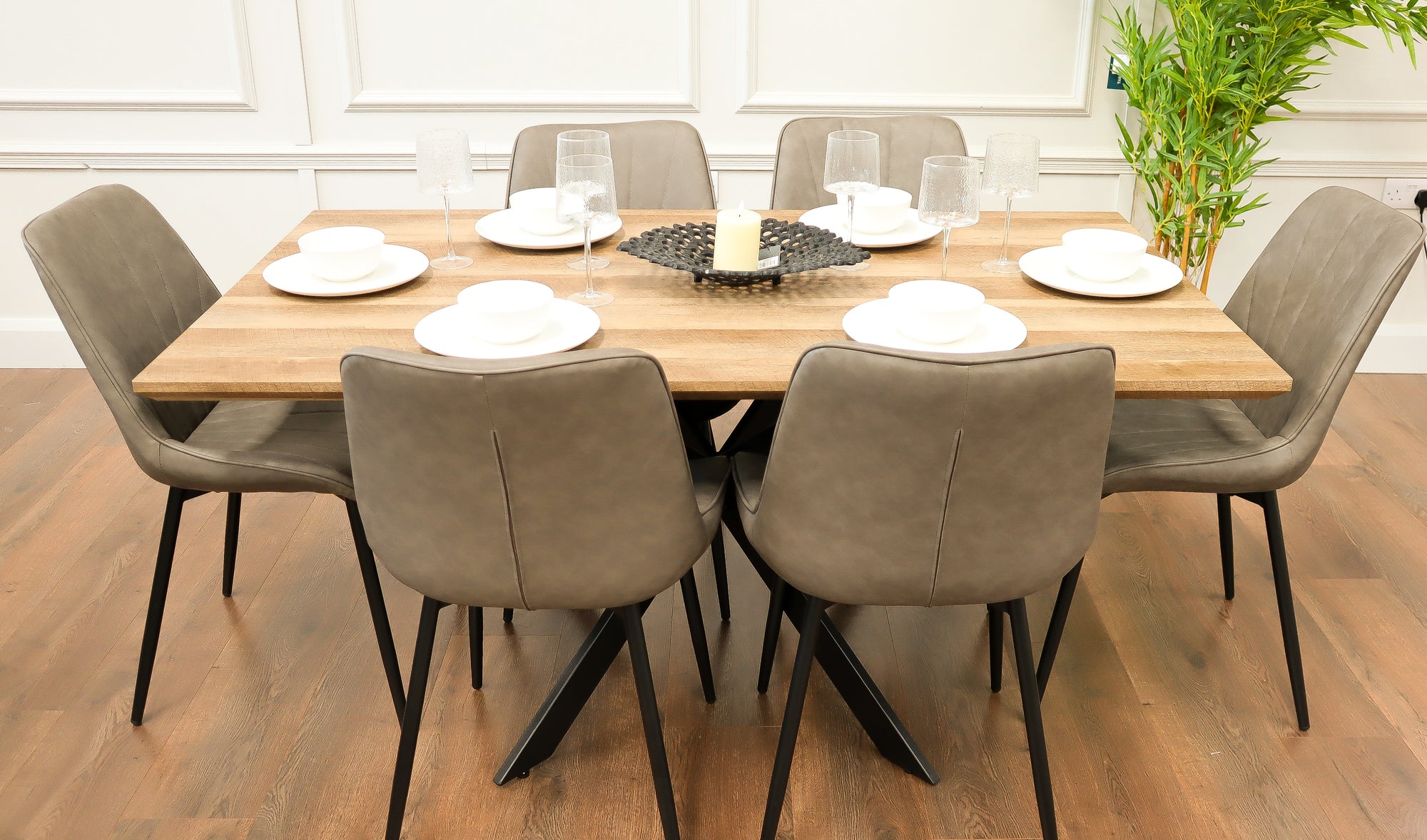 Epsom Rustic Oak 1.6m + 6 Tilly Chairs Grey PU