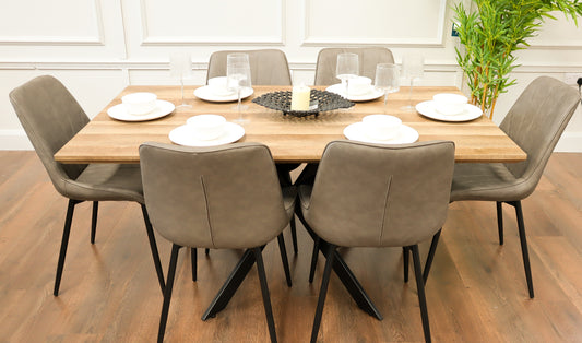 Epsom Rustic Oak 1.6m + 6 Tilly Chairs Grey PU