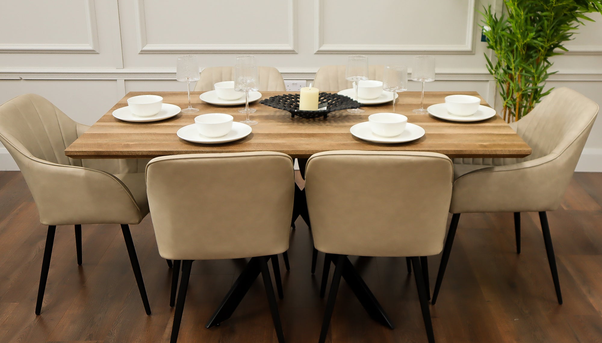 Epsom Rustic Oak 1.6m + 6 EZ Chairs Taupe PU