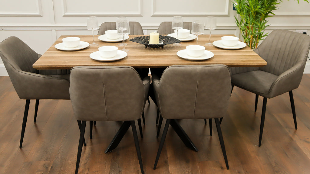 Epsom Rustic Oak 1.6m + 6 EZ Chairs Smoke Grey PU