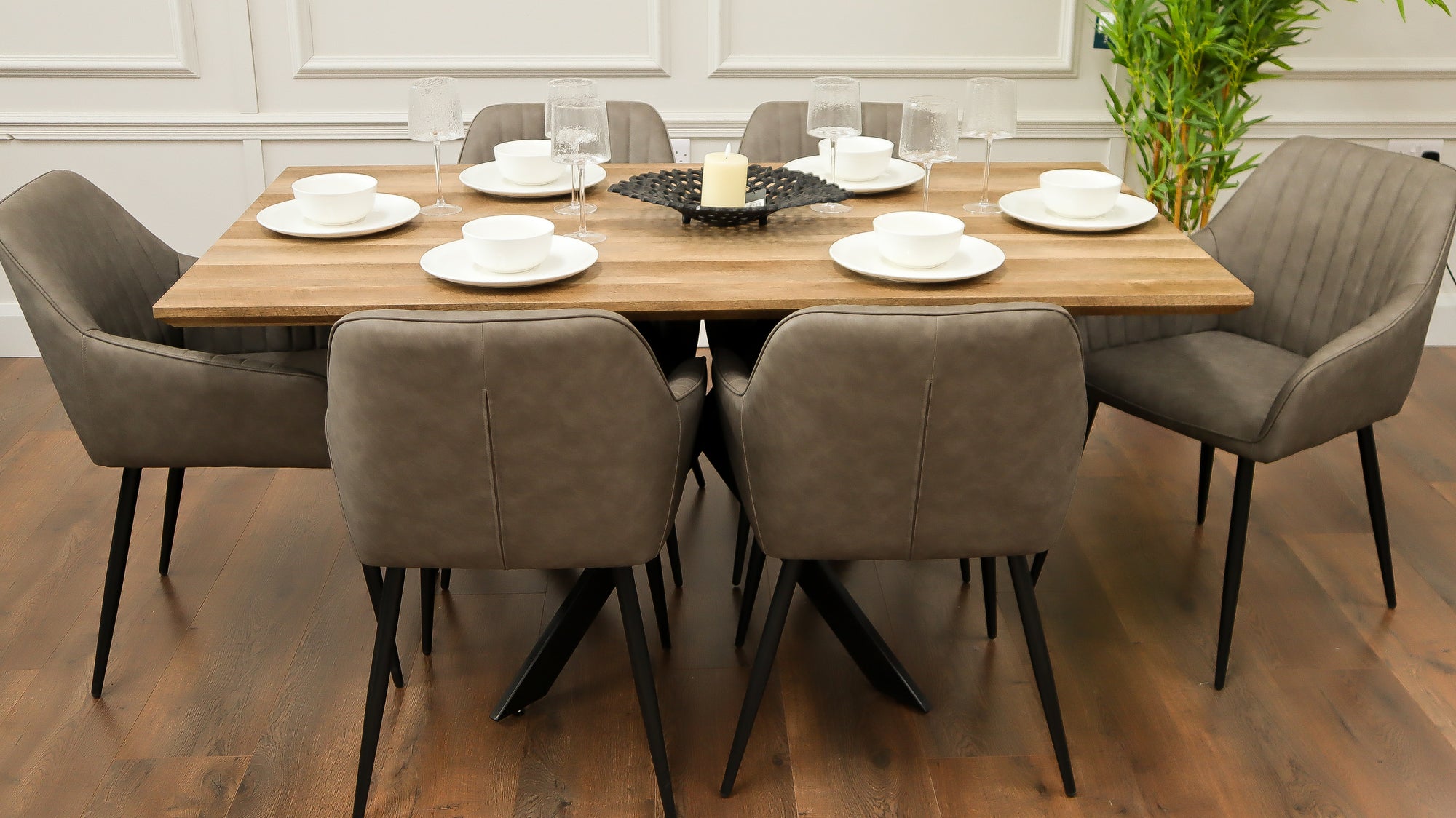 Epsom Rustic Oak 1.6m + 6 EZ Chairs Smoke Grey PU