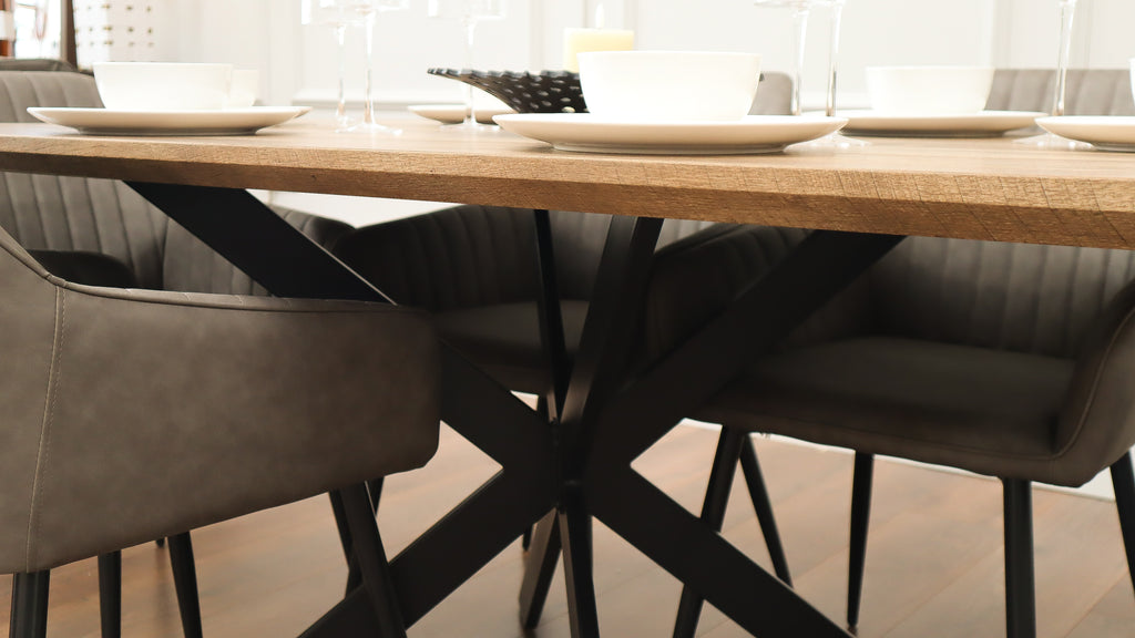 Epsom Rustic Oak 1.6m + 6 EZ Chairs Smoke Grey PU