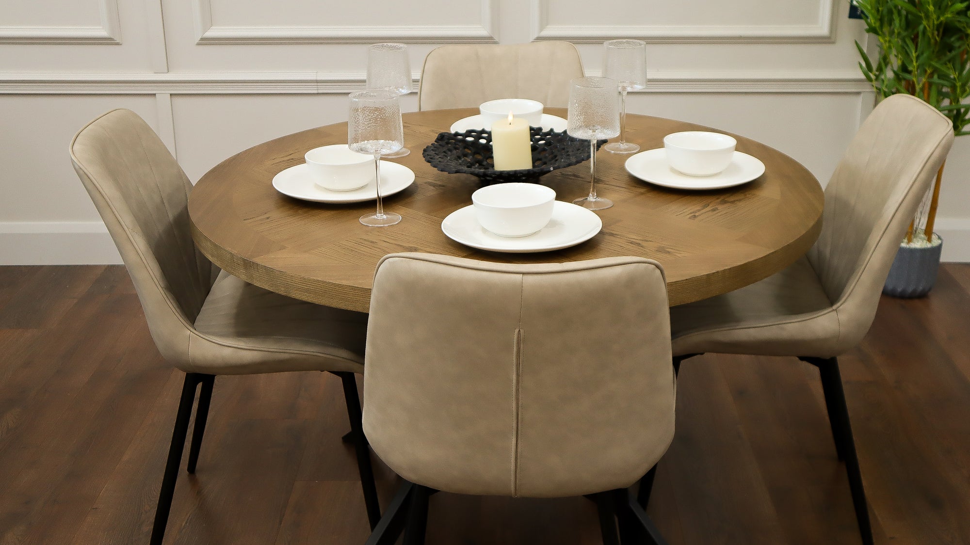 Carson 1.2m + 4 Tilly Taupe PU Chairs