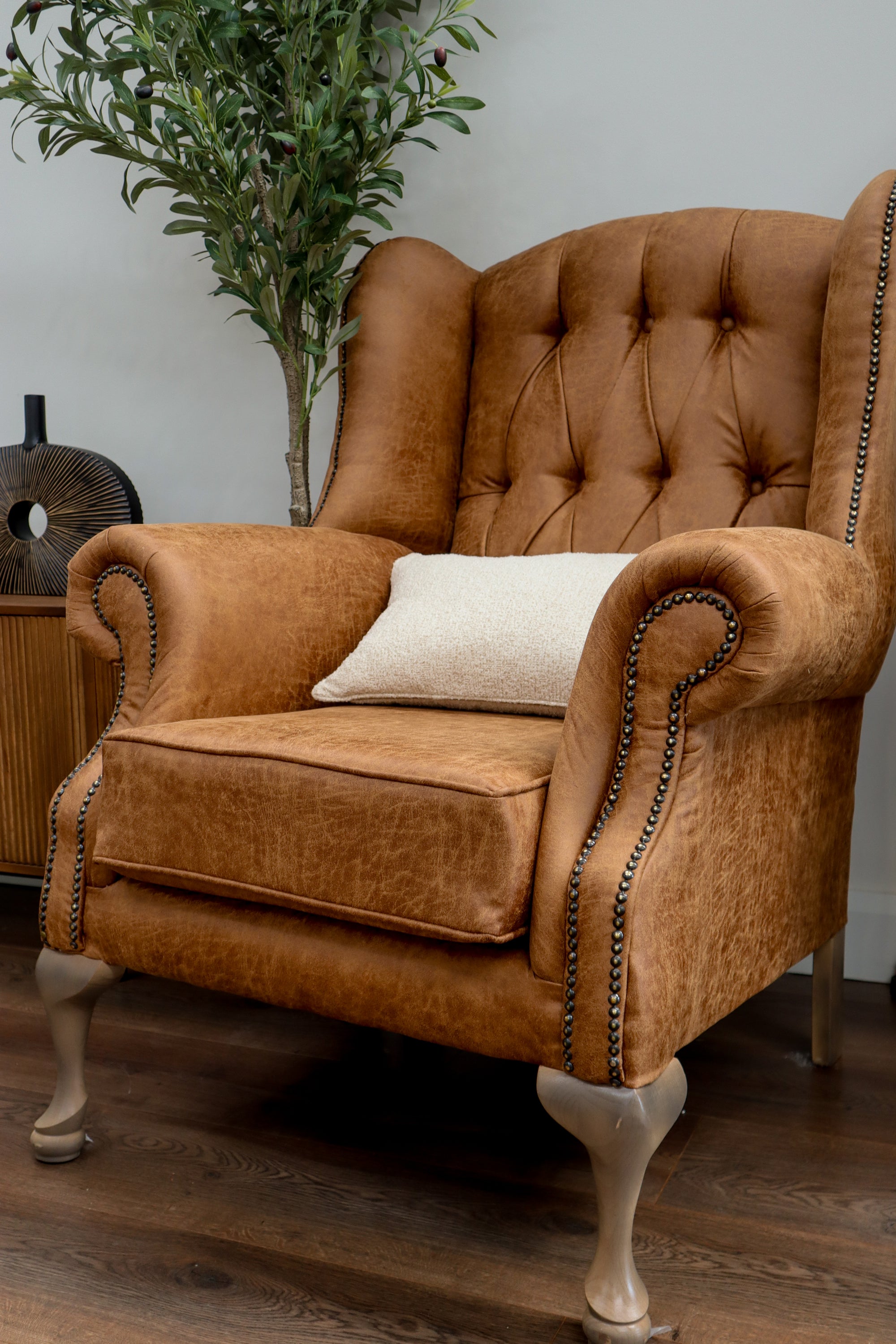 Made To Order Queen Anne Chair Tan Suede