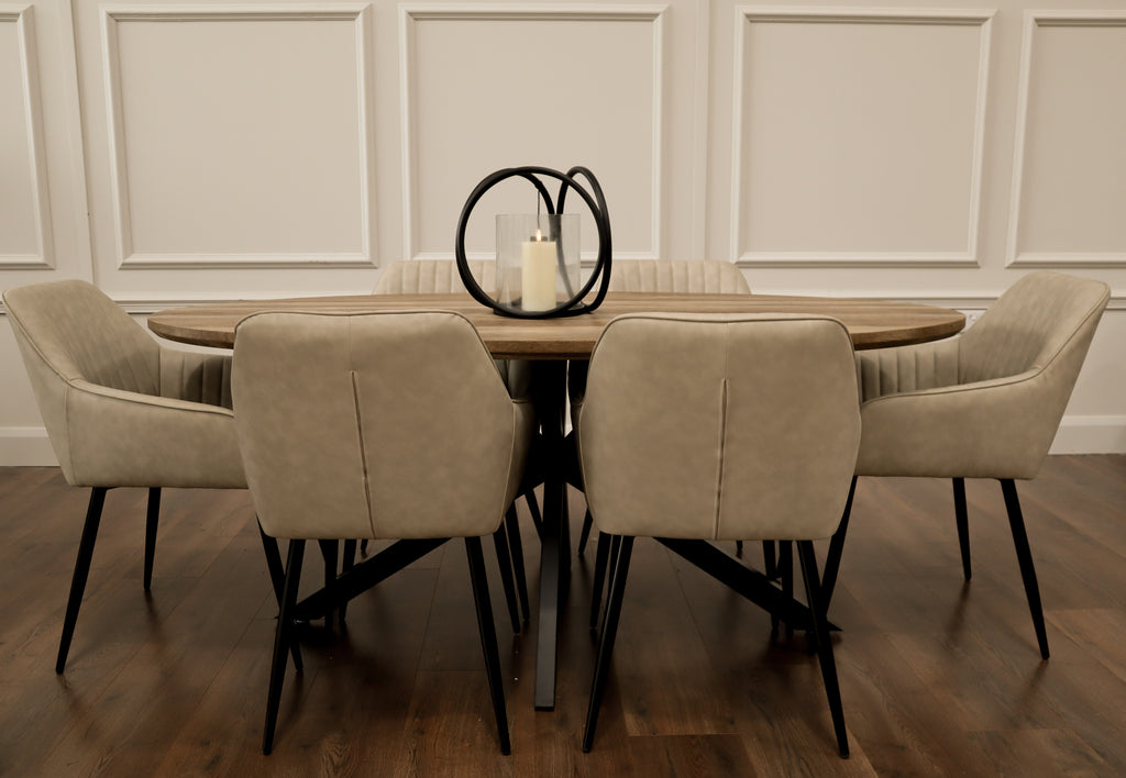 Epsom Rustic Oak 1.8m Oval + 6 EZ Chairs Taupe PU