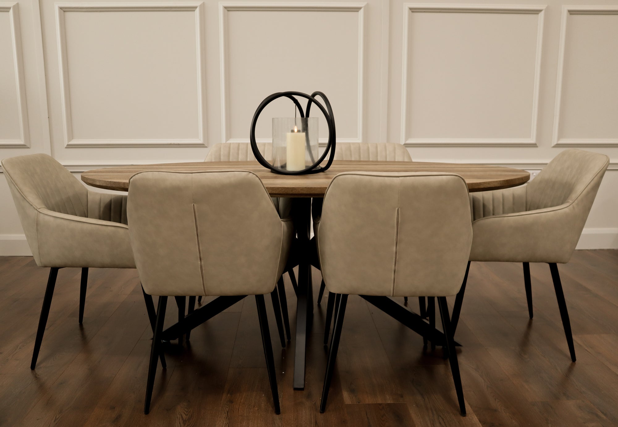 Epsom Rustic Oak 1.8m Oval + 6 EZ Chairs Taupe PU