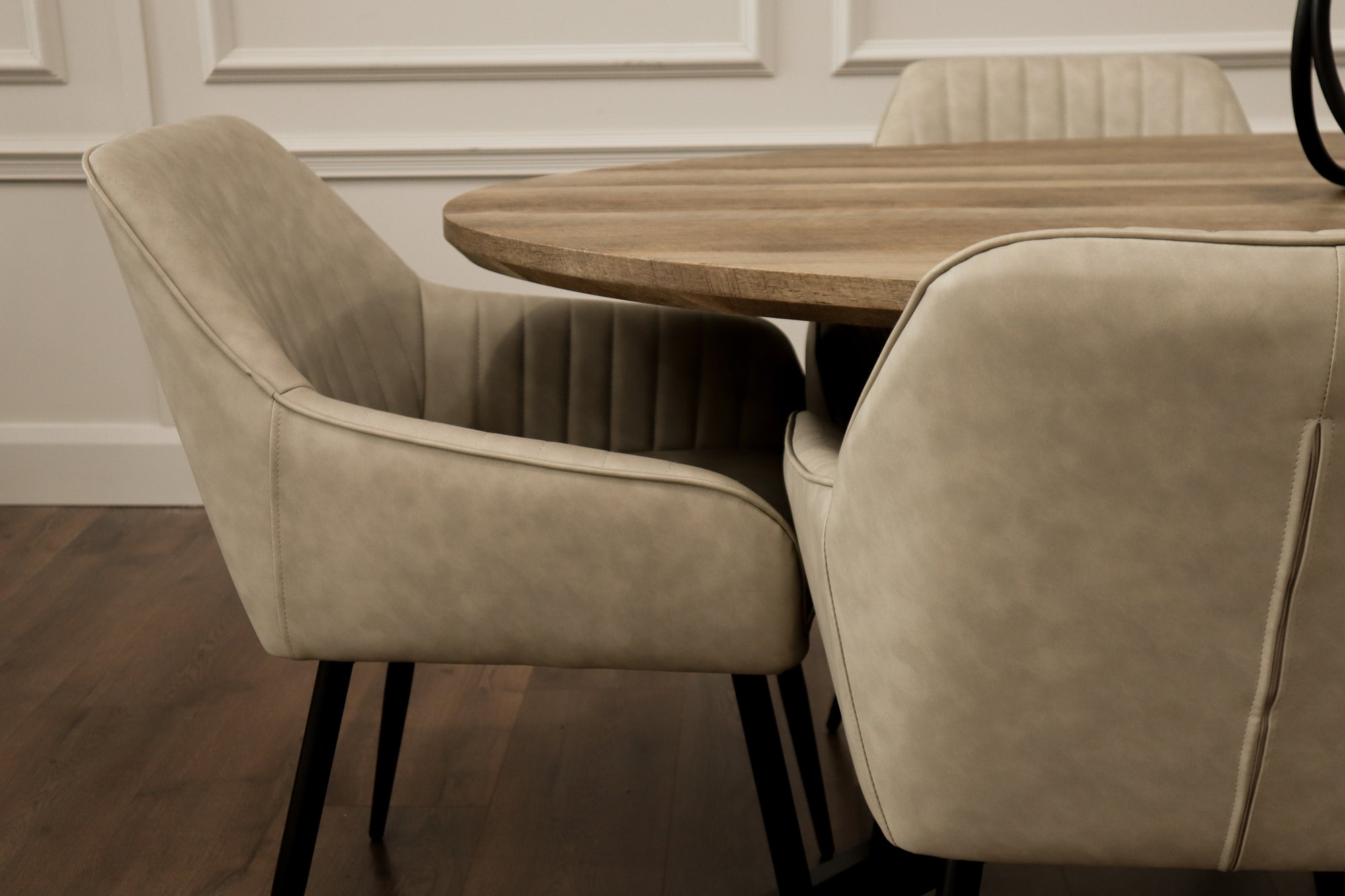 Epsom Rustic Oak 1.8m Oval + 6 EZ Chairs Taupe PU