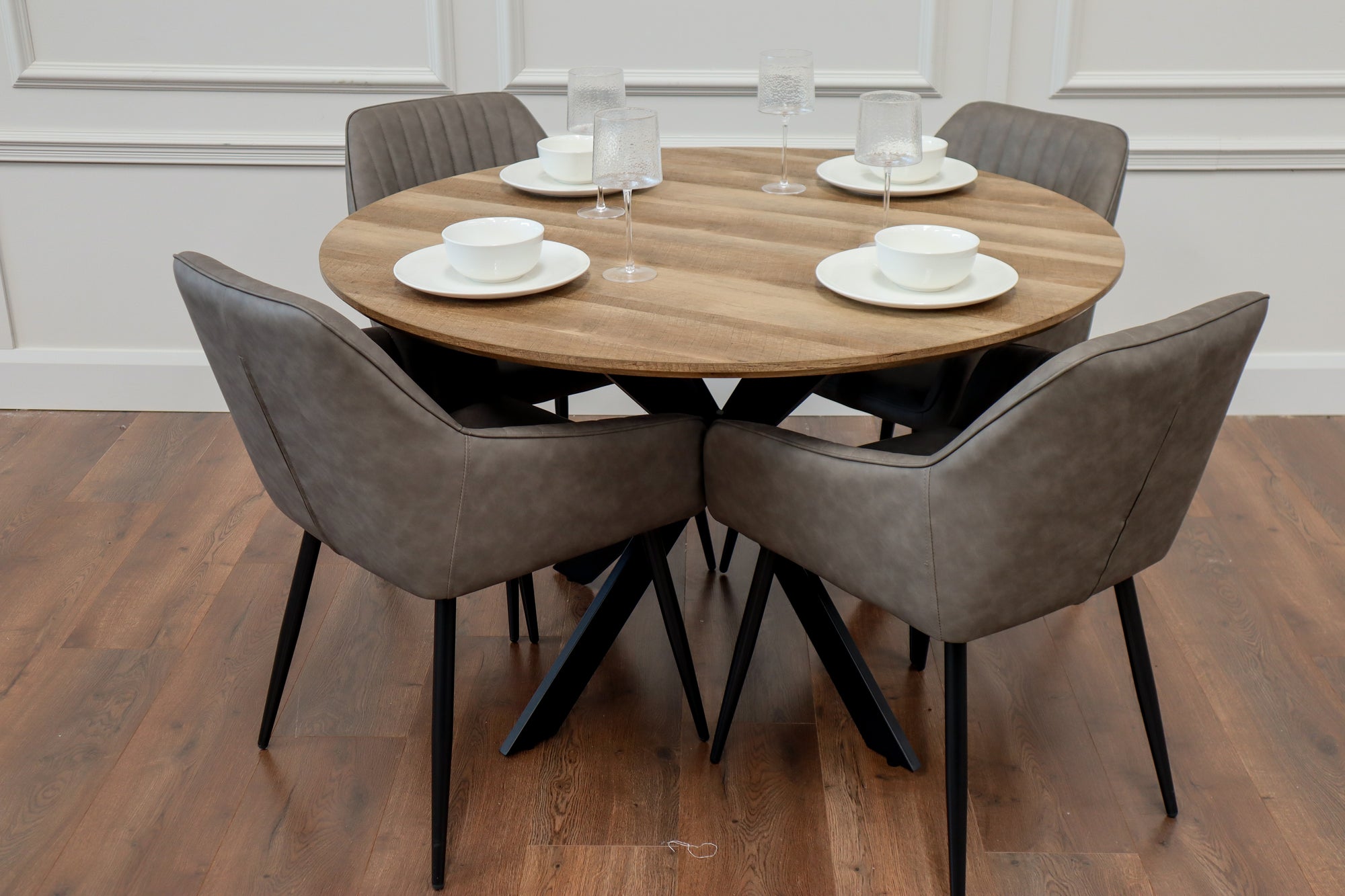 Epsom Rustic Oak 1.2m + 4 EZ Grey PU Chairs