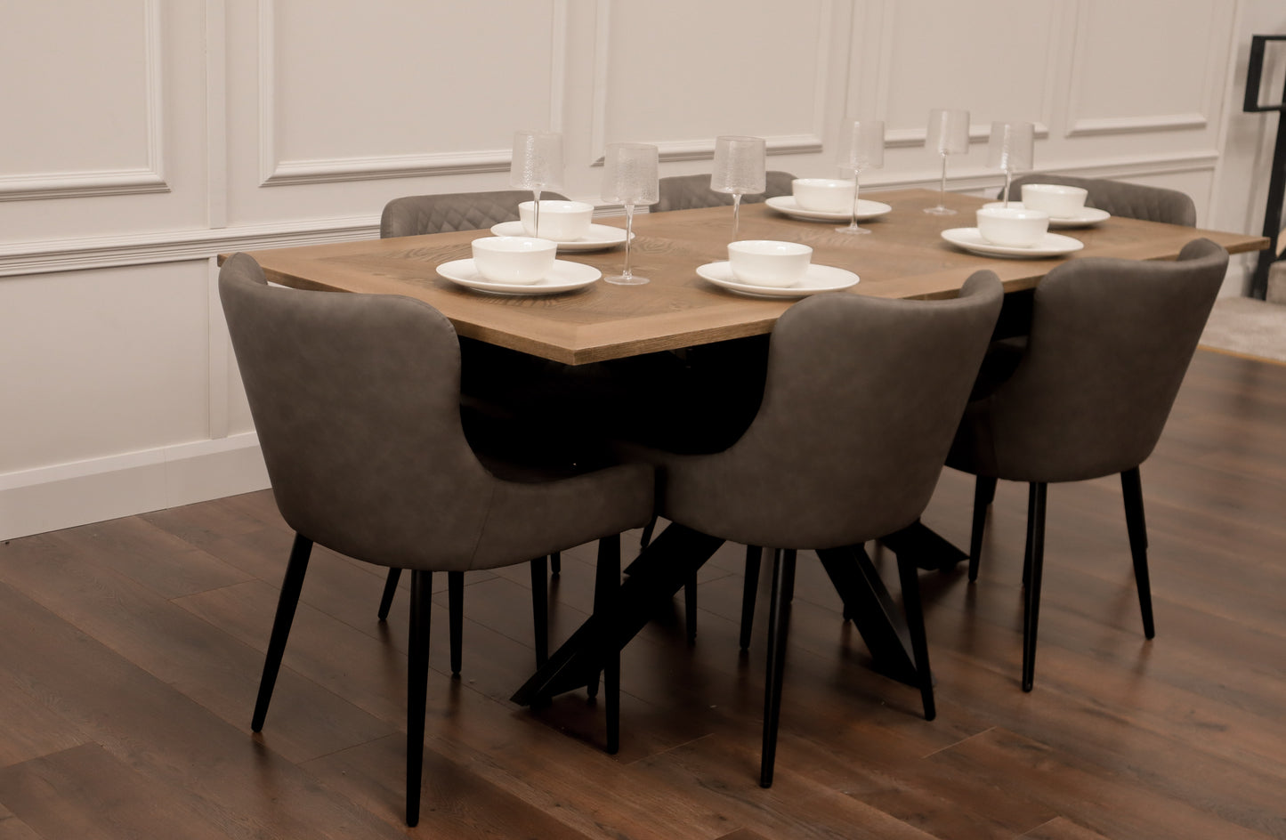 Peyton 1.6m/2m + 6 Diamond Grey PU Chairs