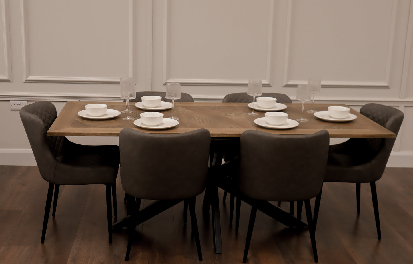 Peyton 1.6m/2m + 6 Diamond Grey PU Chairs