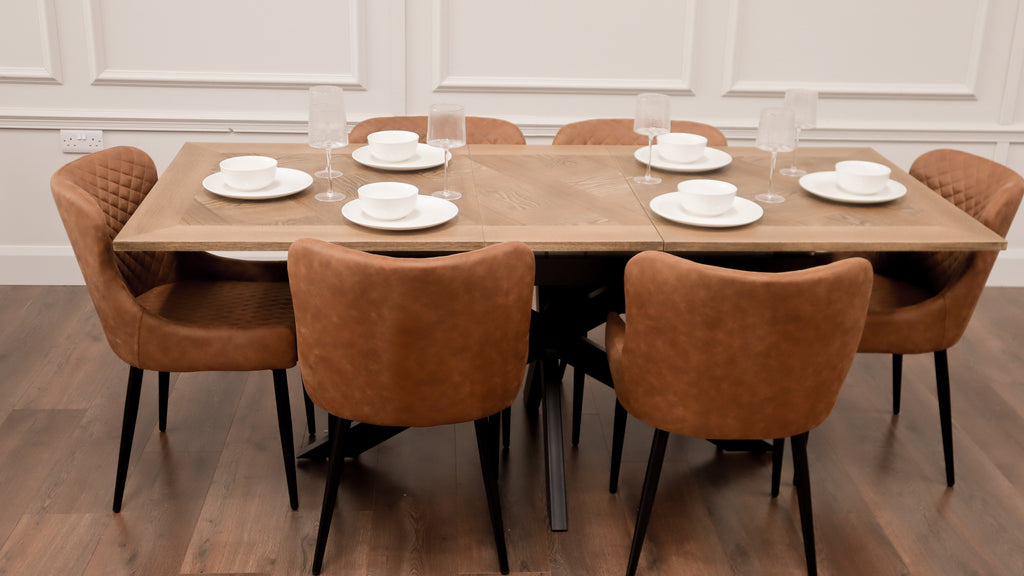Peyton 1.6m/2m + 6 Diamond Tan Suede Chairs