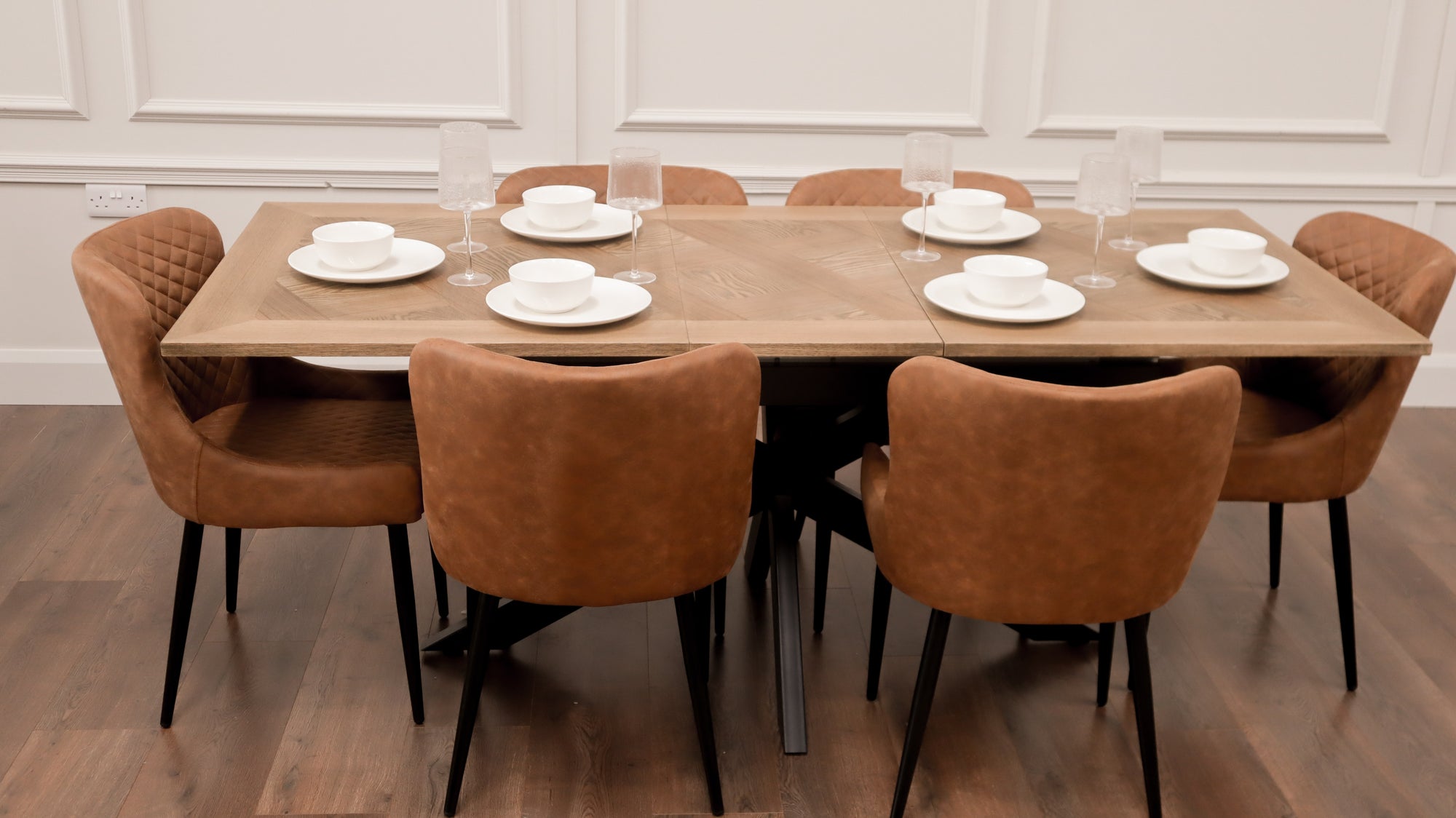 Peyton 1.6m/2m + 6 Diamond Tan Suede Chairs