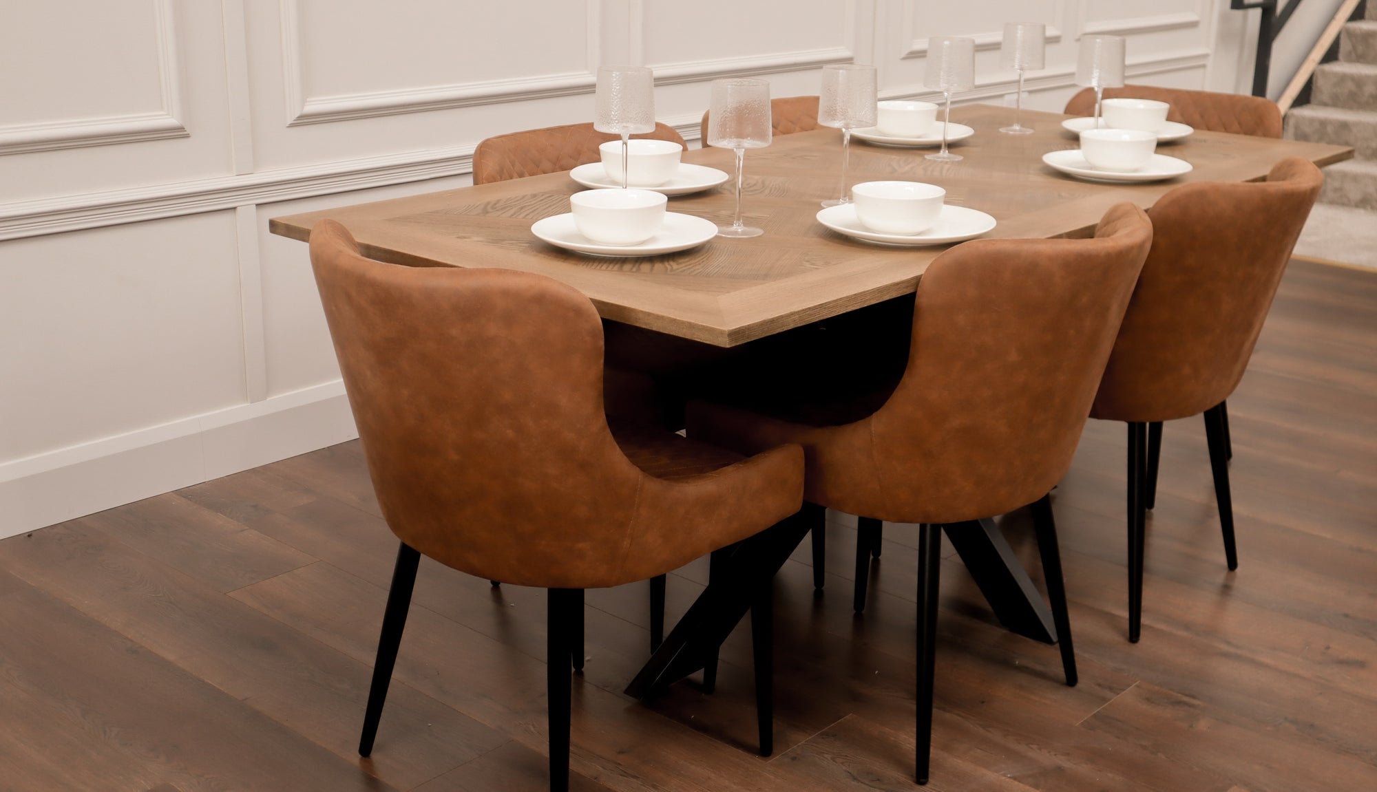 Peyton 1.6m/2m + 6 Diamond Tan Suede Chairs