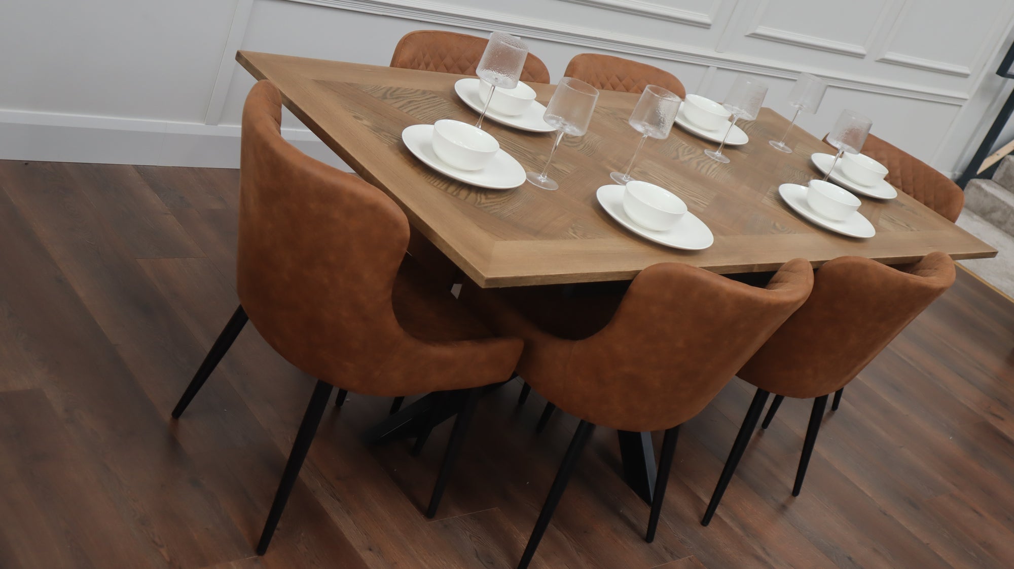 Peyton 1.6m/2m + 6 Diamond Tan Suede Chairs
