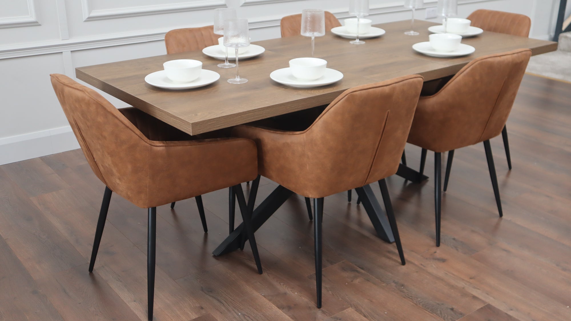 Pan Dark 1.6m/2m + 6 EZ Tan  Suede Chairs