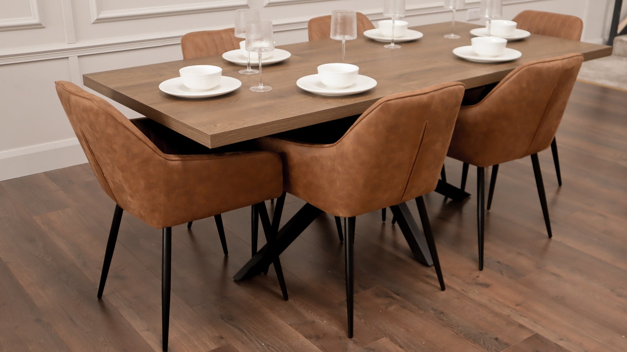 Pan Dark 1.6m/2m + 6 EZ Tan  Suede Chairs