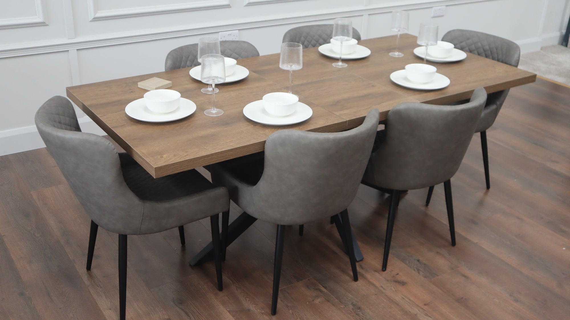 Pan Dark 1.6m/2m + 6 Diamond Grey PU Chairs