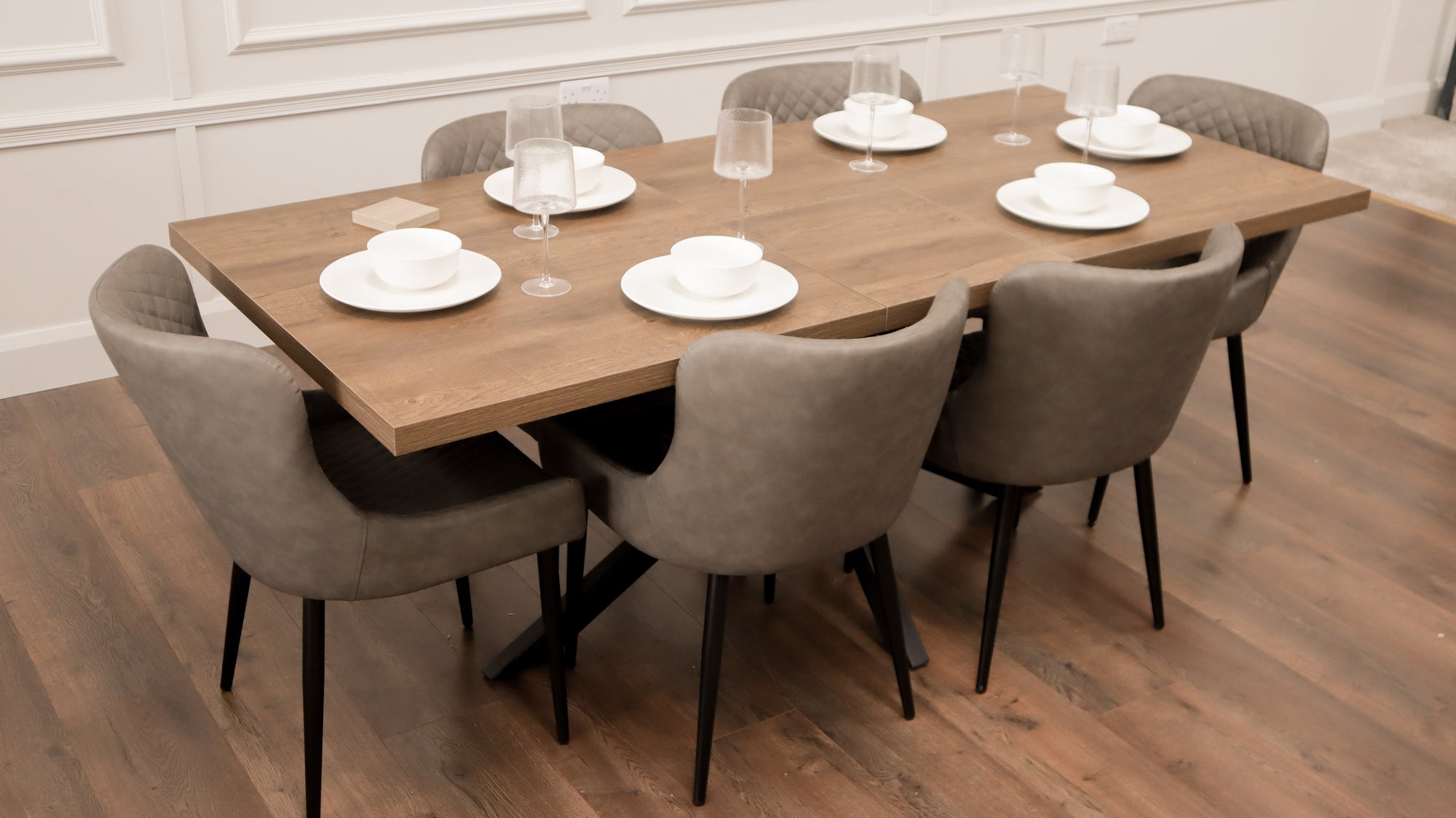 Pan Dark 1.6m/2m + 6 Diamond Grey PU Chairs