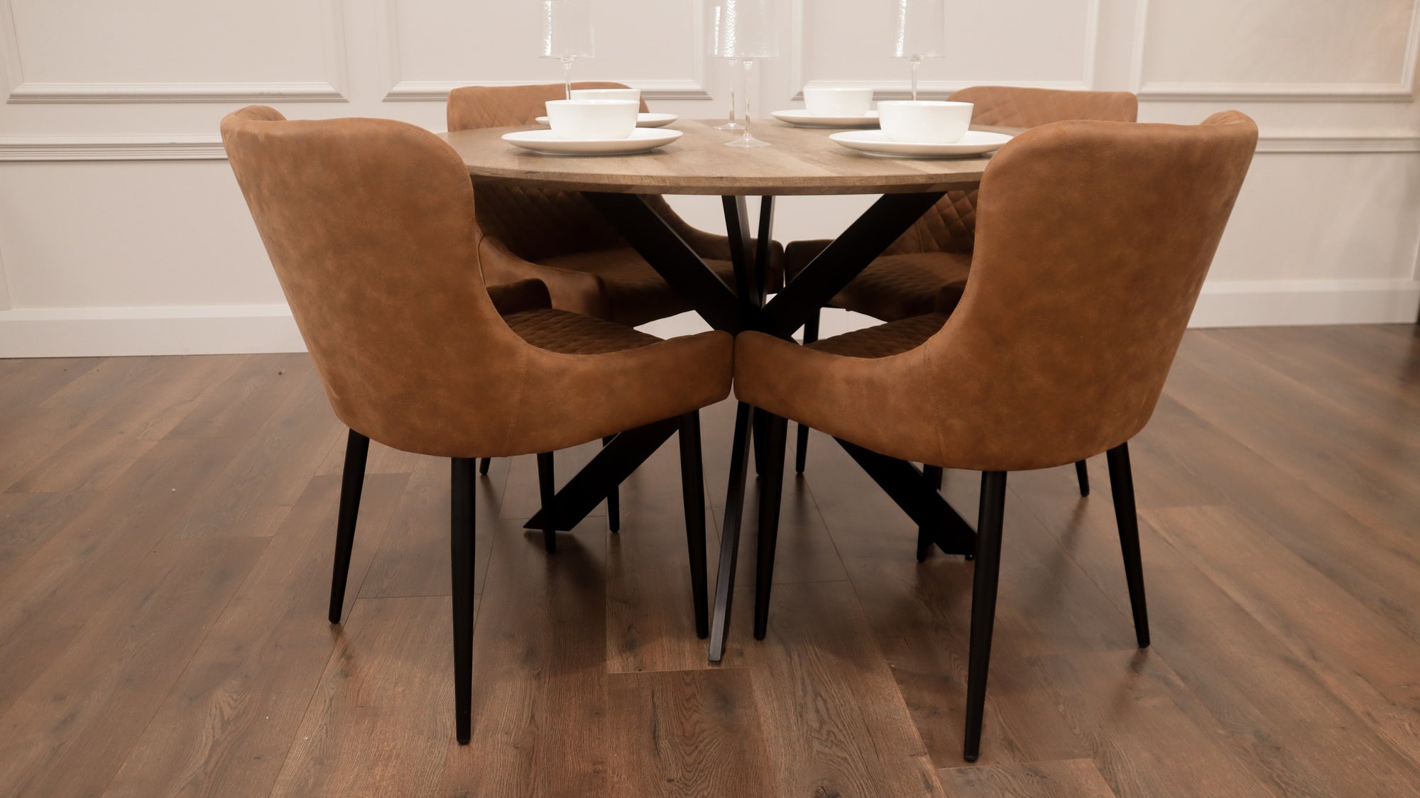 Epsom Rustic Oak 1.2m + 4 Diamond Tan Suede Chairs