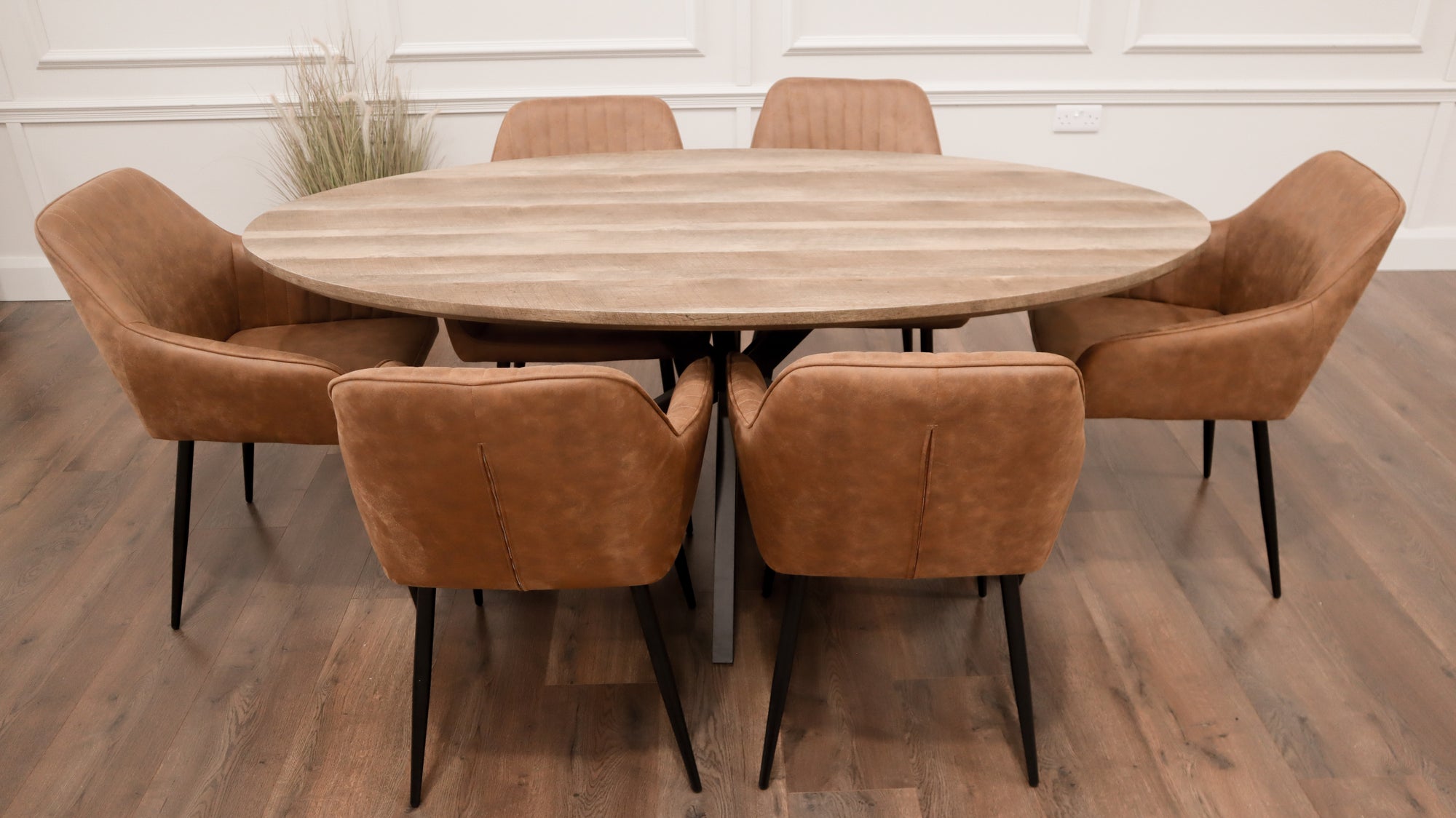 Epsom Rustic Oak 1.8m Oval + 6 EZ Tan Suede