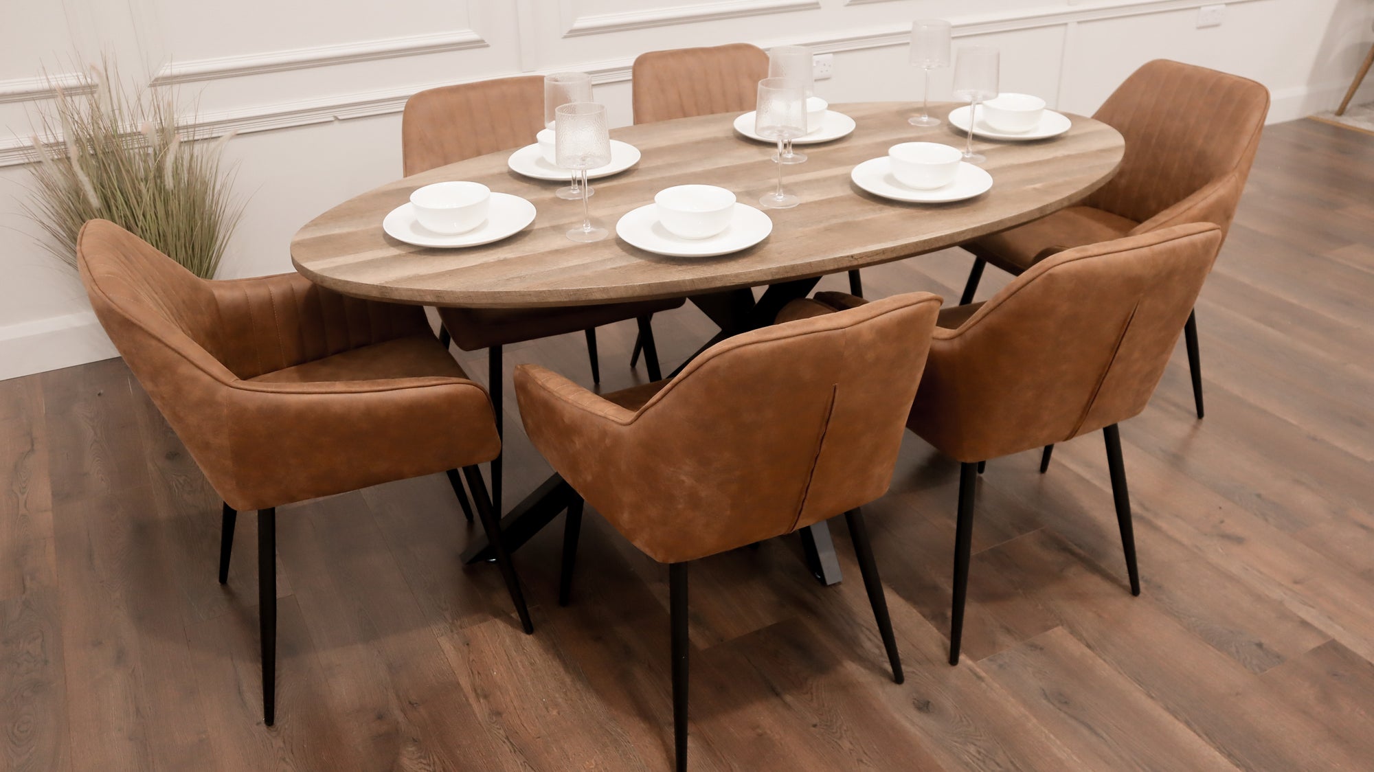 Epsom Rustic Oak 1.8m Oval + 6 EZ Tan Suede