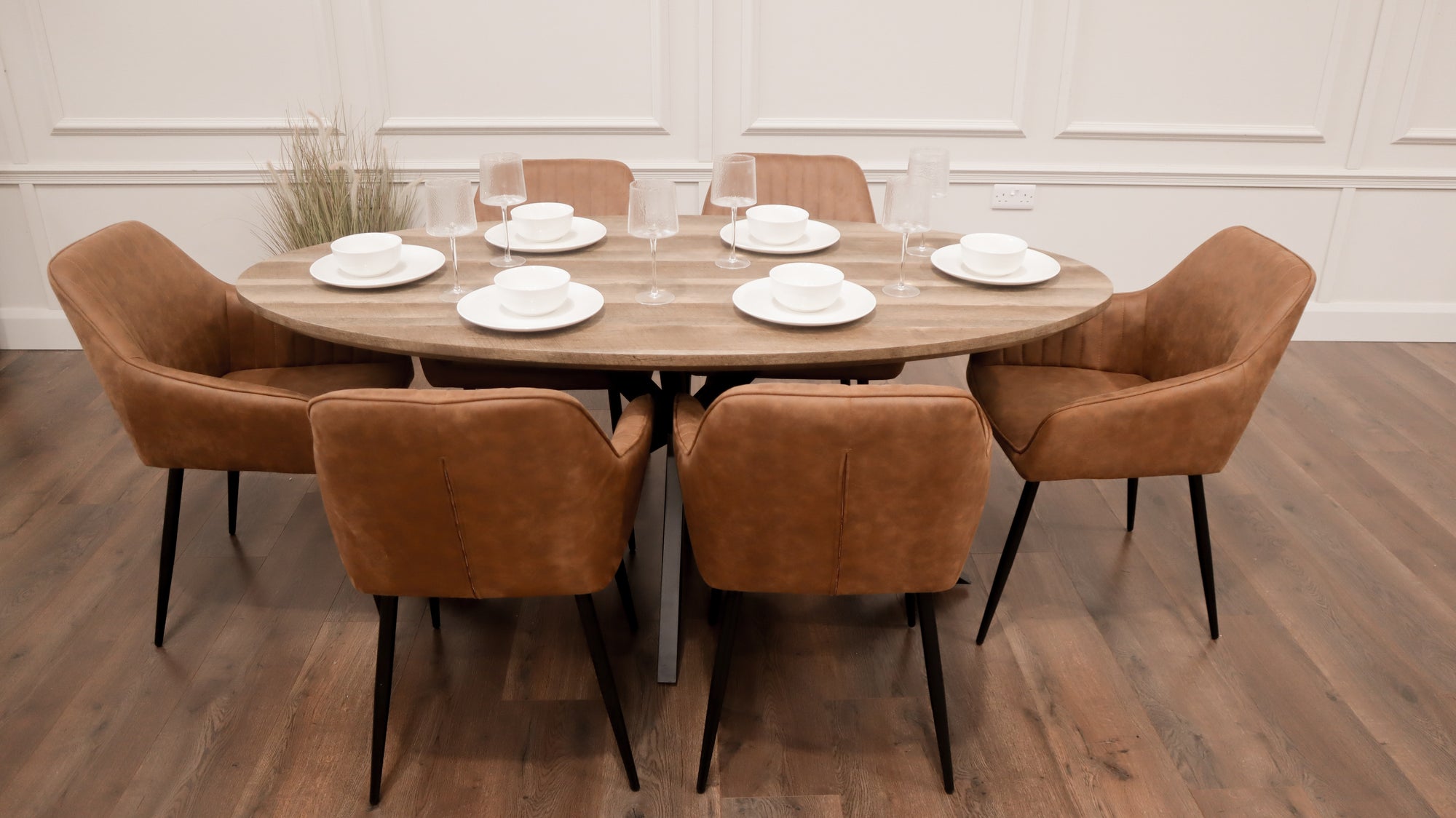 Epsom Rustic Oak 1.8m Oval + 6 EZ Tan Suede