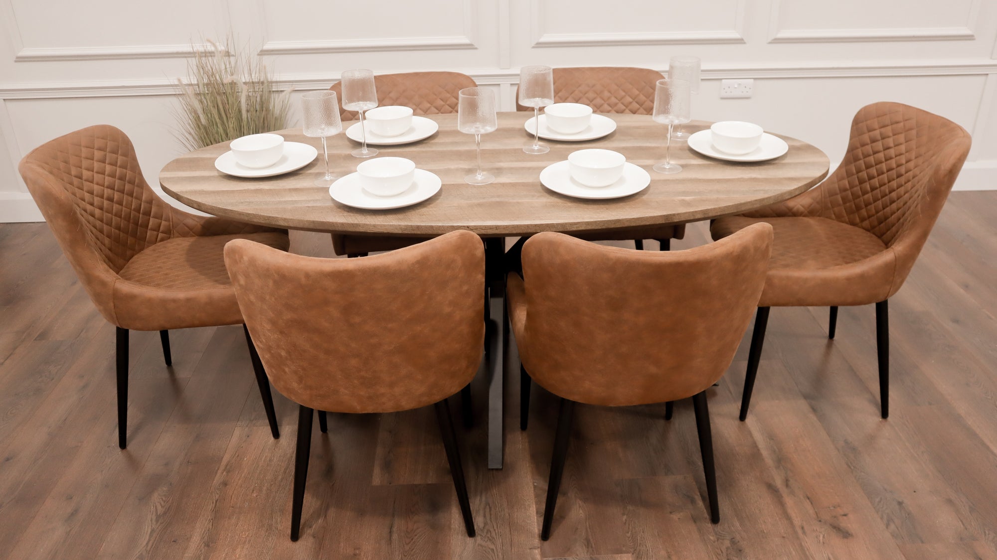 Epsom Rustic Oak 1.8m Oval + 6 Diamond Tan Suede